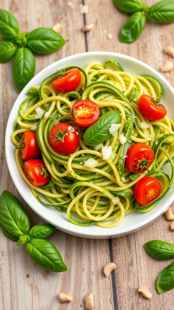 Zucchini noodles with pesto, garnished with cherry tomatoes and Parmesan cheese on a wooden table.